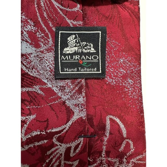 Murano Hand Tailored Mens Red & Silver Floral Patterned Silk Tie - Picture 7 of 7